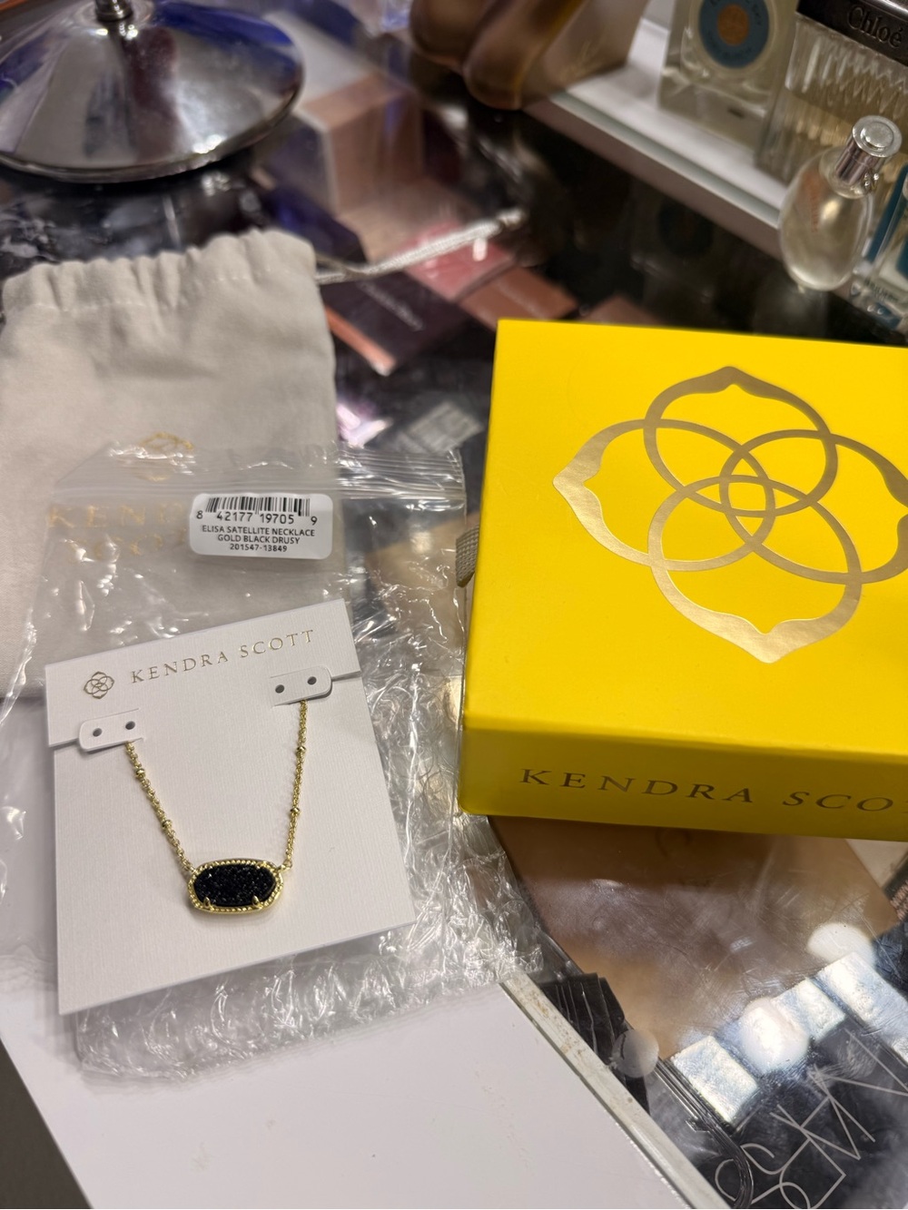 Kendra Scott Gold Necklace with Black Drusy Pendant